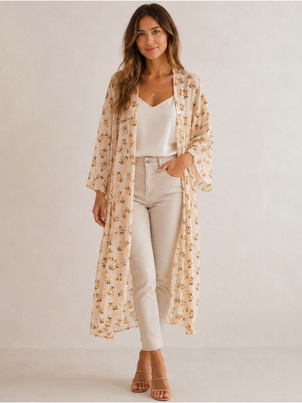 ALREDINE Cottagecore Light Floral Sheer Duster Kimono - Cream with Floral Print